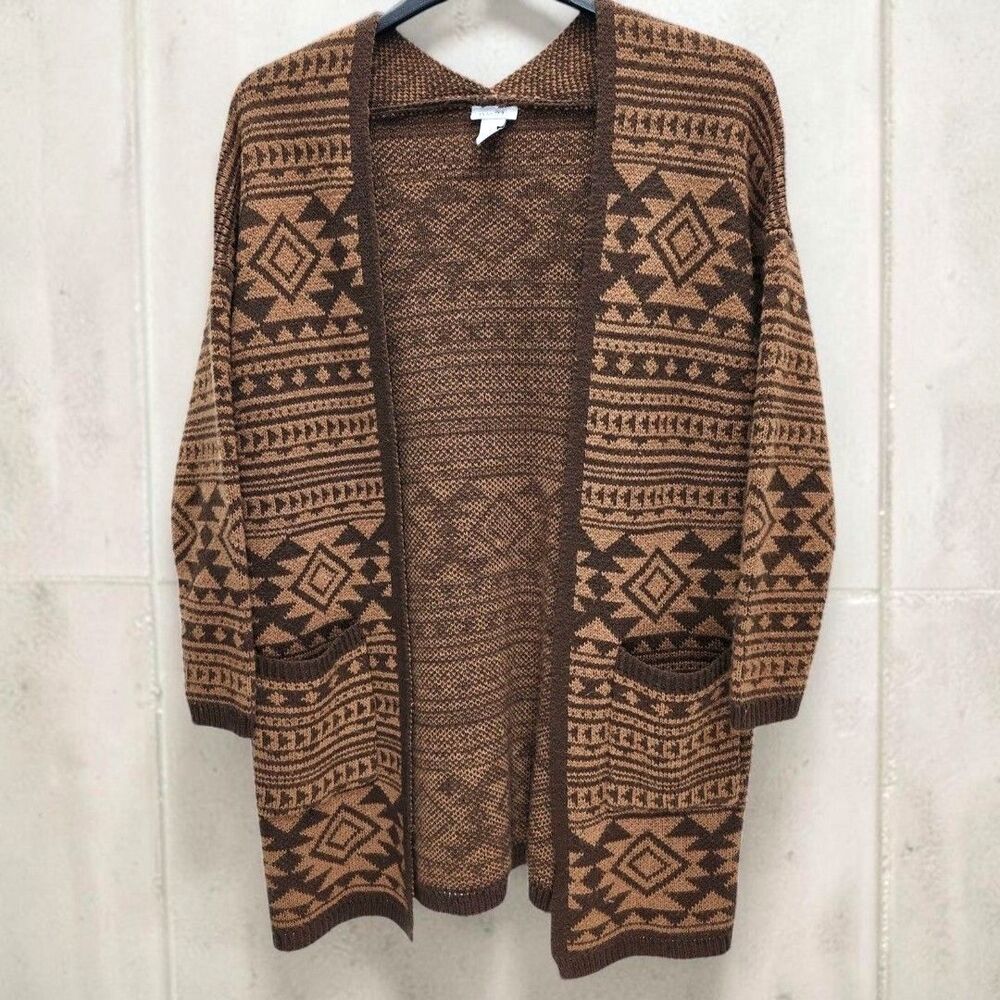 Rue21 Duster Sweater Womens XS Brown Tribal Aztec Design Southwestern-Chic Boho